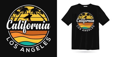 Vector diseño de camiseta de surf al atardecer en la playa vintage de california los ángeles