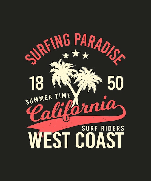 Diseño de camiseta de surf de la costa oeste de California