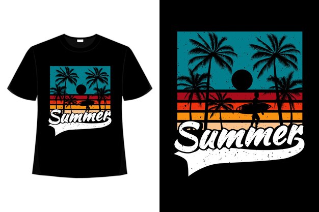 Diseño de camiseta de surf de playa de color atardecer de verano en estilo retro