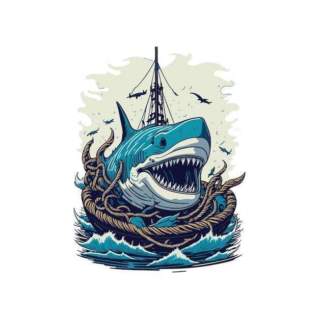 Vector el diseño de camiseta de un tiburón enredado en una cuerda se está comiendo un barco pirata.