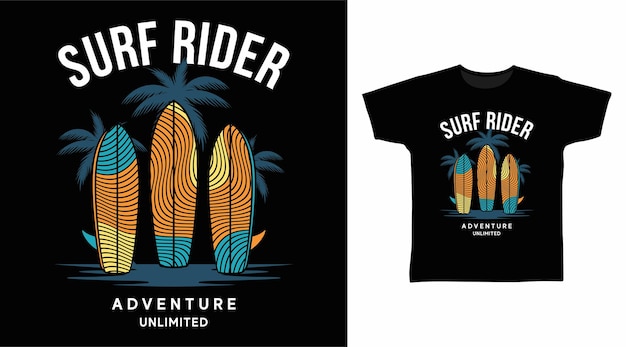 Diseño de camiseta de tipografía de surf rider.