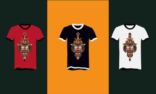 Diseño de camiseta con vector de cabeza de tigre y espada.