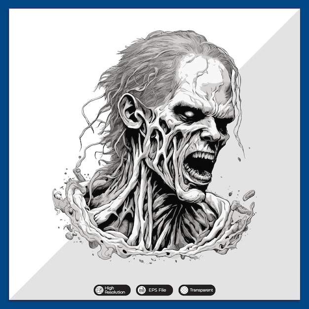 Diseño de camiseta de vector de cabeza de zombie blanco y negro