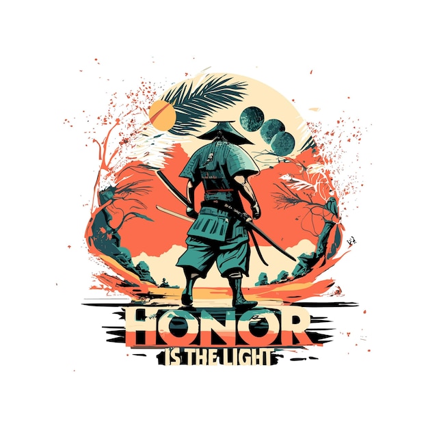 Diseño de camiseta de vector libre samurai parado frente a una luna llena