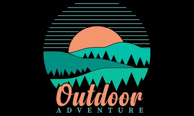 Diseño de camiseta vectorial 'Aventura al aire libre' con una puesta de sol en el fondo