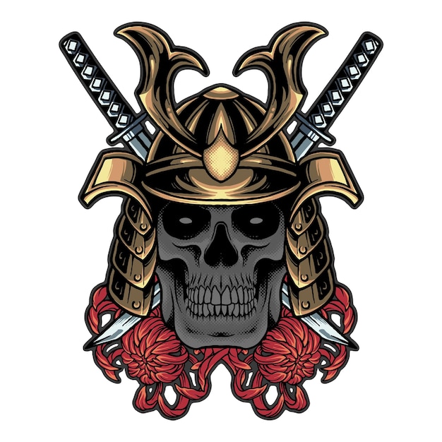 diseño de camiseta vectorial cráneo samurai con espada katana ilustración japonesa