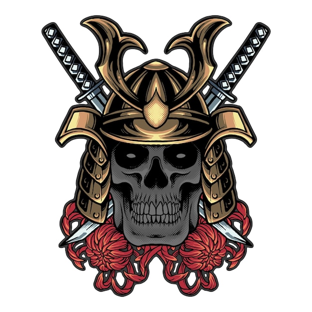 Vector diseño de camiseta vectorial cráneo samurai con espada katana ilustración japonesa