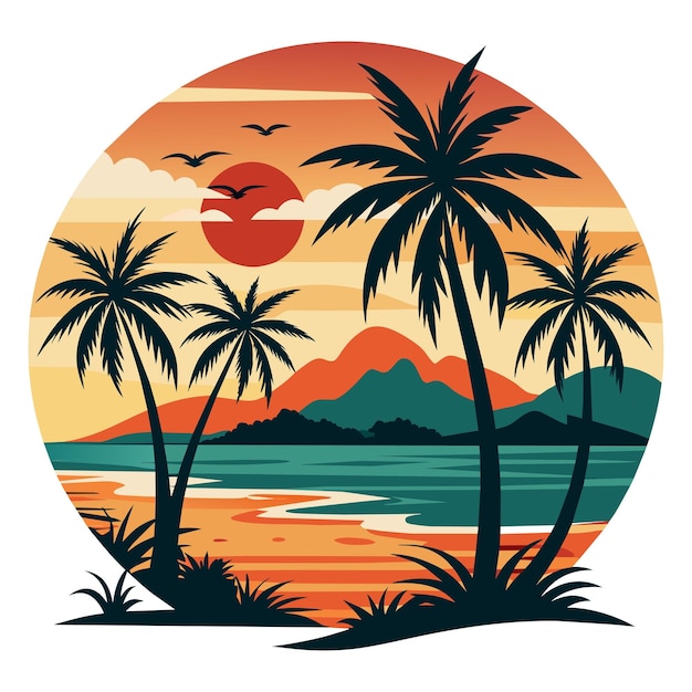 Diseño de camiseta de verano vintage con palmeras y una puesta de sol