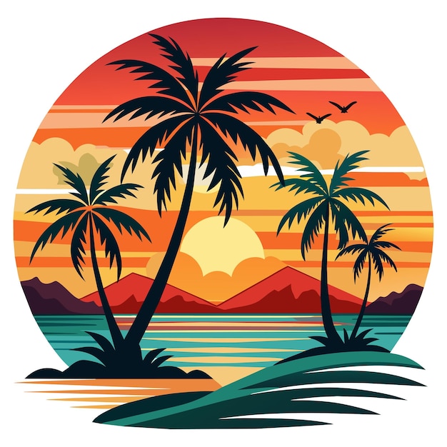 Diseño de camiseta de verano vintage con palmeras y una puesta de sol