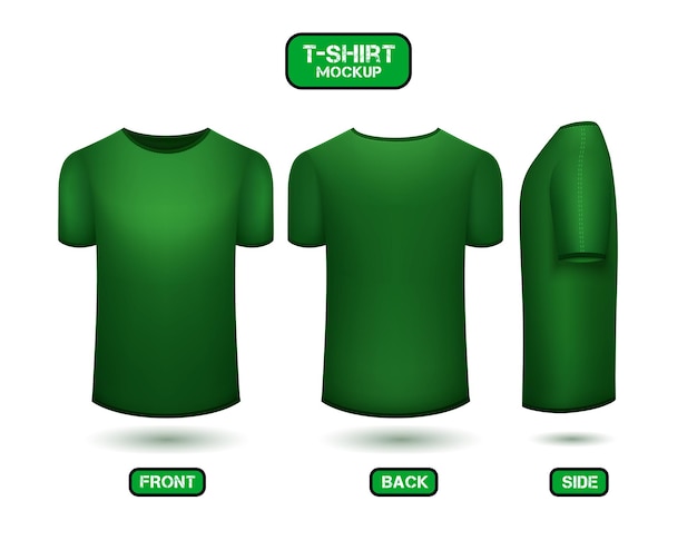 Diseño de camiseta verde liso con vistas frontales, traseras y laterales Vector de maqueta de camiseta de estilo 3d