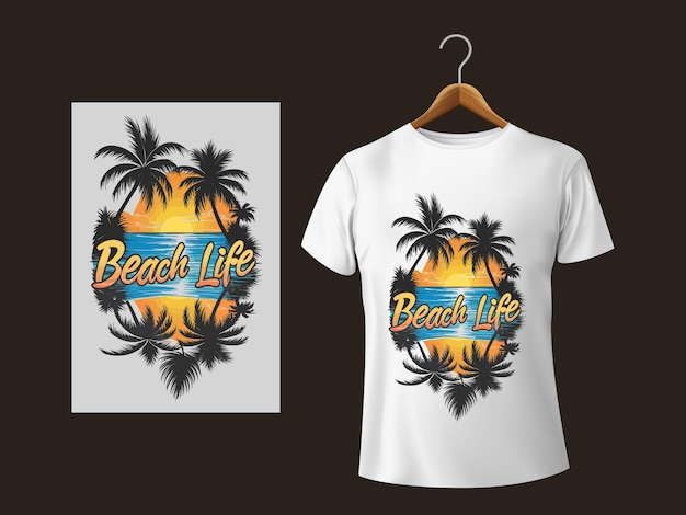 Diseño de camiseta de vida en la playa con sol y palmeras plantilla de ilustración vectorial