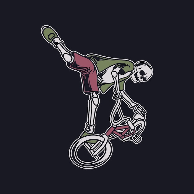 Diseño de camiseta vintage una calavera en posición de vuelo con las piernas en las ruedas delanteras ilustración de bicicleta