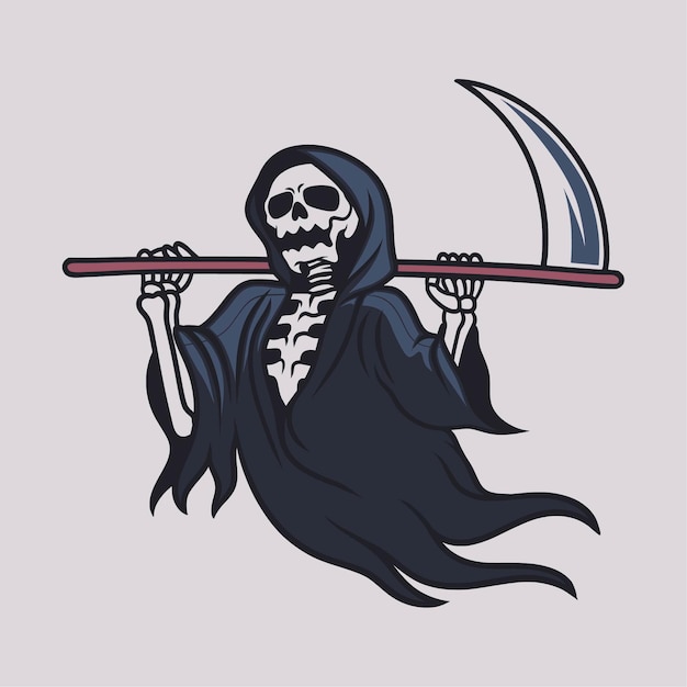 Diseño de camiseta vintage grim reaper que lleva un hacha con ambas manos sobre sus hombros ilustración