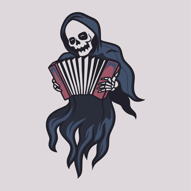 Diseño de camiseta vintage grim reaper tocar la ilustración de acordeón