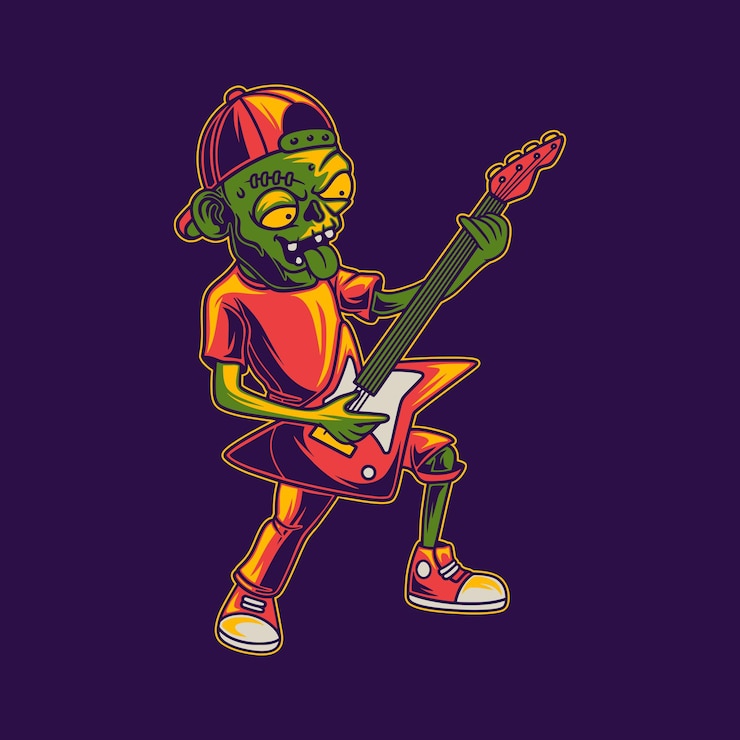 Vector diseño de camiseta zombie vista lateral de zombies tocando la guitarra ilustración