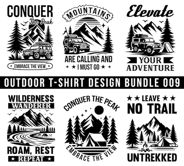 Diseño de camisetas al aire libre para senderismo de montaña Diseño vectorial de paquetes