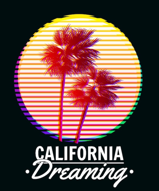 Diseño de camisetas con estampado de atardecer soñador de california siluetas de palmeras de cartel