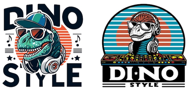 Diseño de camisetas de estilo Dj dinosaurio de alta definición y vectorización suave