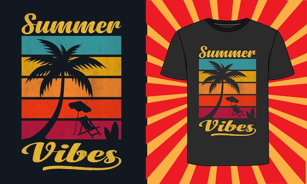 Diseño de camisetas de verano, afiche de vibraciones de verano para estampado de camisetas, diseño de verano y vector