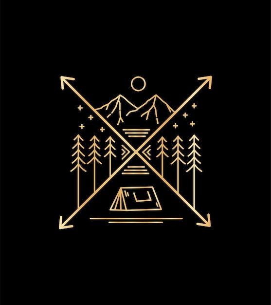 Diseño de campamento y montañas en marco de flecha cruzada.
