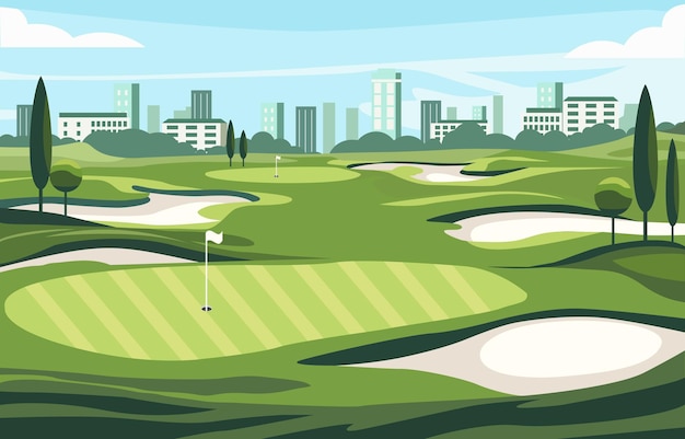 Diseño de campo de golf verde plano con paisaje urbano en un día brillante
