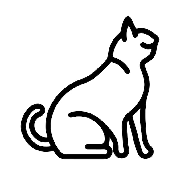 diseño un caprichoso contorno vectorial en blanco y negro de un gato en una postura sentado con su cola enrollada