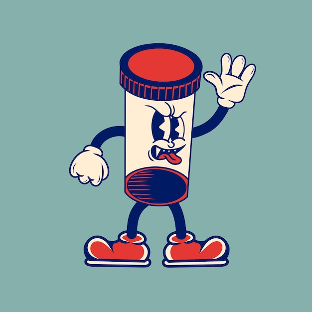 Diseño de caracteres retro del frasco de pastillas