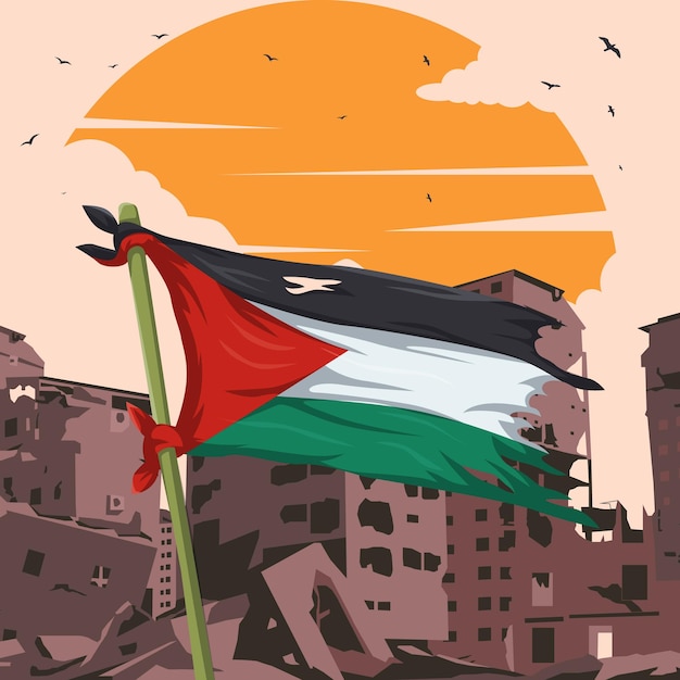 Vector diseño de cartel de la bandera de palestina con ruinas de edificios en el fondo