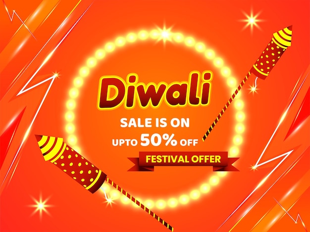 Diseño de cartel de banner de venta de Diwali feliz o ilustración de petardos.