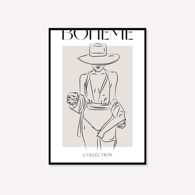 Diseño de cartel de Boho de arte de pared de vector de ilustración mínima bohemia