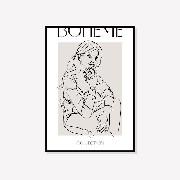 Diseño de cartel de Boho de arte de pared de vector de ilustración mínima bohemia