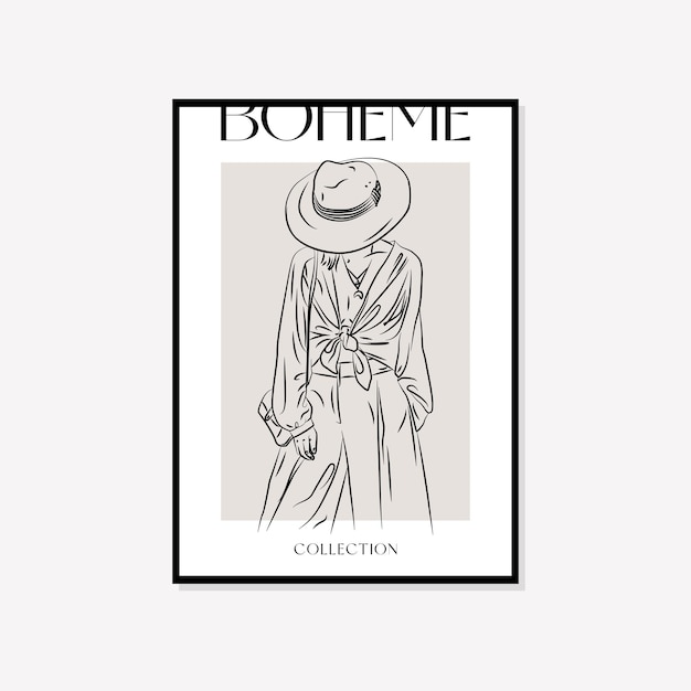 Diseño de cartel de Boho de arte de pared de vector de ilustración mínima bohemia