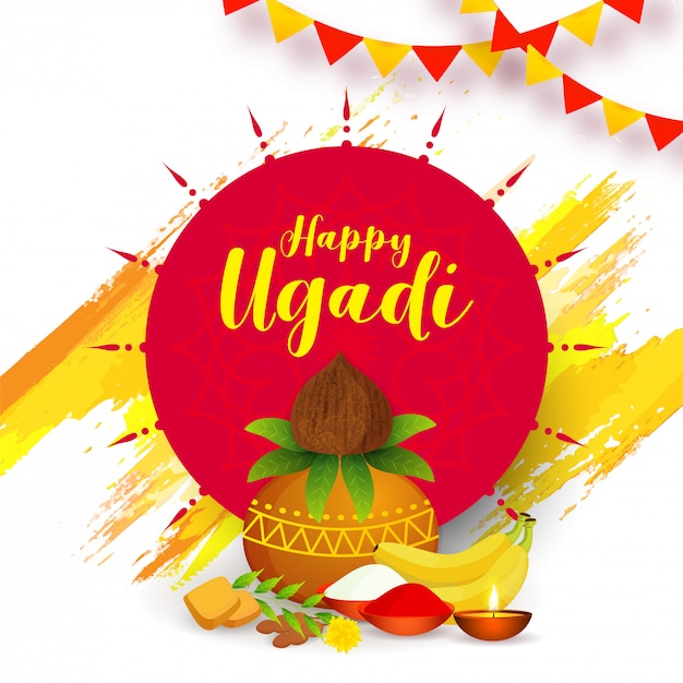 Diseño de cartel de celebración feliz Ugadi con olla de adoración