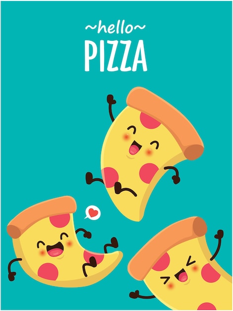 Diseño de cartel de comida vintage con carácter de pizza de vector