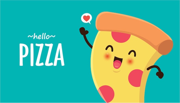 Diseño de cartel de comida vintage con carácter de pizza de vector