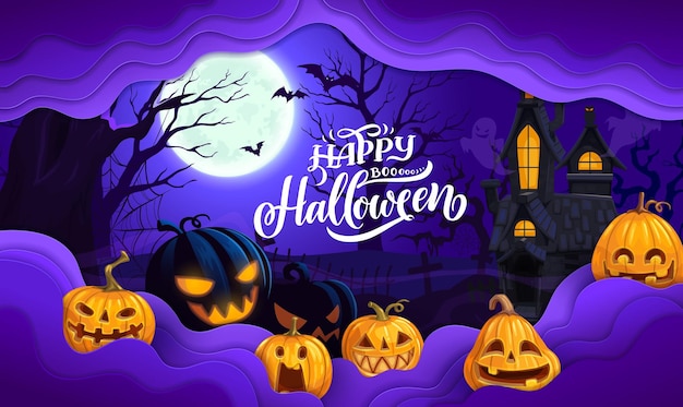 Diseño de cartel de corte de papel de halloween de calabazas de dibujos animados
