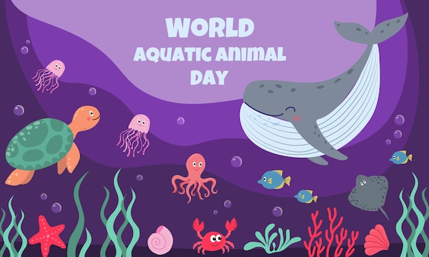 Diseño de cartel del Día Mundial de los Animales Acuáticos con ilustración de animales