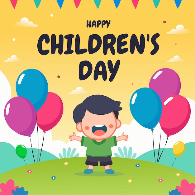 Diseño de cartel del Día de los Niños lleno de colores y un niño pequeño al frente