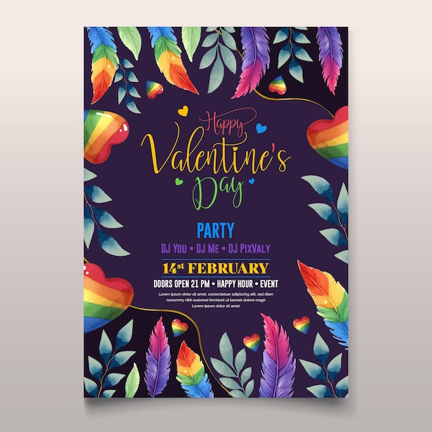 Vector diseño de cartel del día de san valentín en acuarela para el orgullo lgbtq