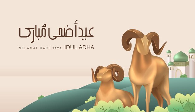 Diseño de cartel de Eid al Adha con dos estatuillas de cabra dorada con fondo de mezquita