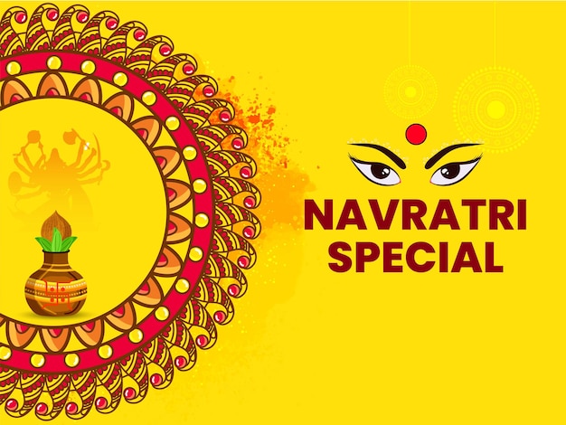 Diseño de cartel especial de Navratri con la diosa Durga Maa, olla de adoración (Kalash) sobre fondo amarillo Mandala.