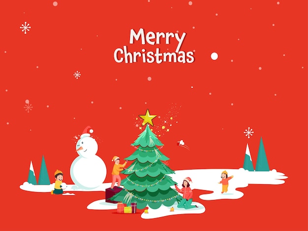 Diseño de cartel de feliz Navidad con árbol de Navidad decorativo, niños alegres, muñeco de nieve de dibujos animados y nevadas sobre fondo rojo.