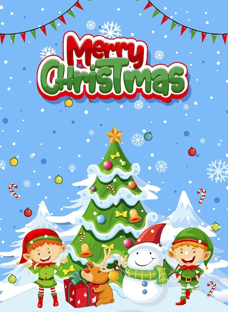 Diseño de cartel de feliz navidad con duendes y árbol de navidad
