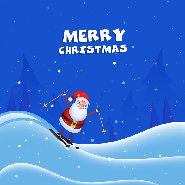 Diseño de cartel de feliz Navidad con esquí de Papá Noel y árboles de Navidad sobre fondo azul de nevadas