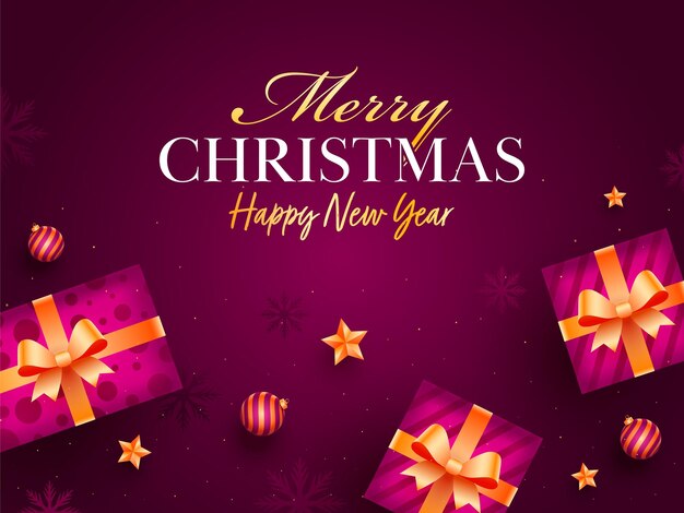 Diseño de cartel de Feliz Navidad Feliz Año Nuevo con vista superior de cajas de regalos realistas bolas y estrellas doradas decoradas con copos de nieve magenta de fondo