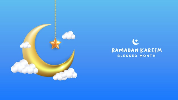 Diseño de cartel de festival islámico con nubes en 3D y luna creciente perfecto para el Ramadán
