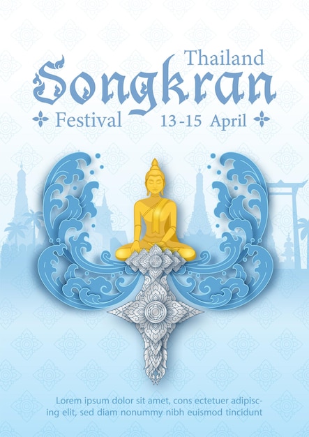 Diseño de cartel del festival de songkran de tailandia en el patrón tradicional tailandés con la estatua dorada de buda