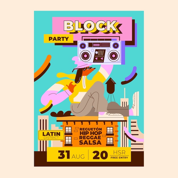 Vector diseño de cartel de fiesta de bloque de diseño plano