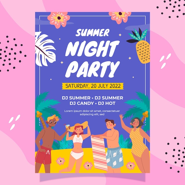 Diseño de cartel de fiesta de noche de verano dibujado a mano