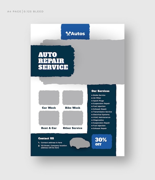 Vector diseño de cartel de folleto de servicio de taller de reparación de automóviles, servicio de alquiler de automóviles o lavado de automóviles